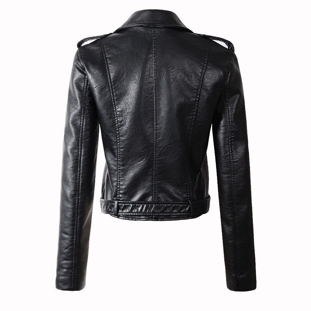 Back view of a women's PU leather bomber jacket with belted waist and stylish shoulder details.