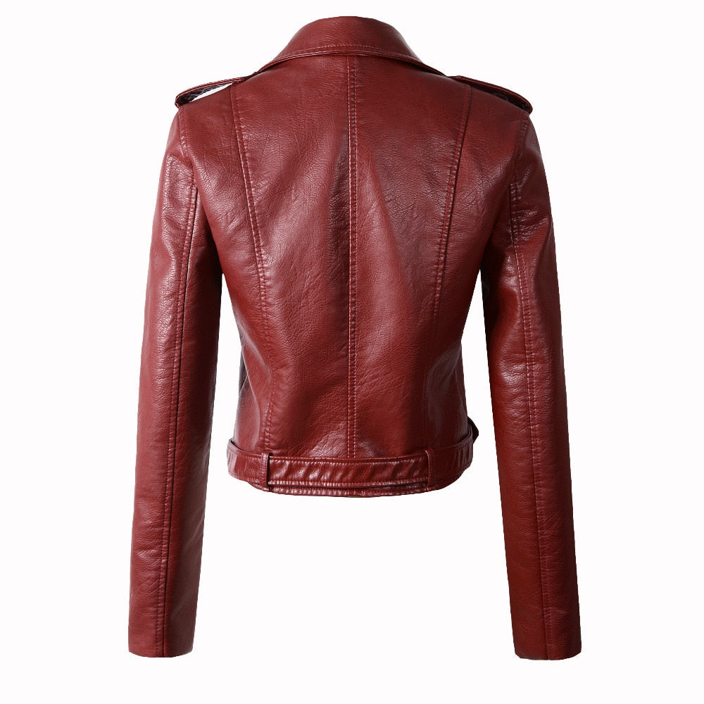 Back view of a stylish women's faux leather motorcycle jacket in rich burgundy with a belt, perfect for alternative fashion.