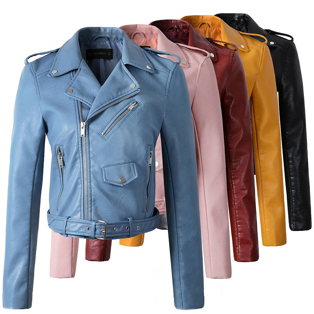 Colorful collection of alternative women's faux leather jackets with belts in blue, pink, red, yellow, and black.