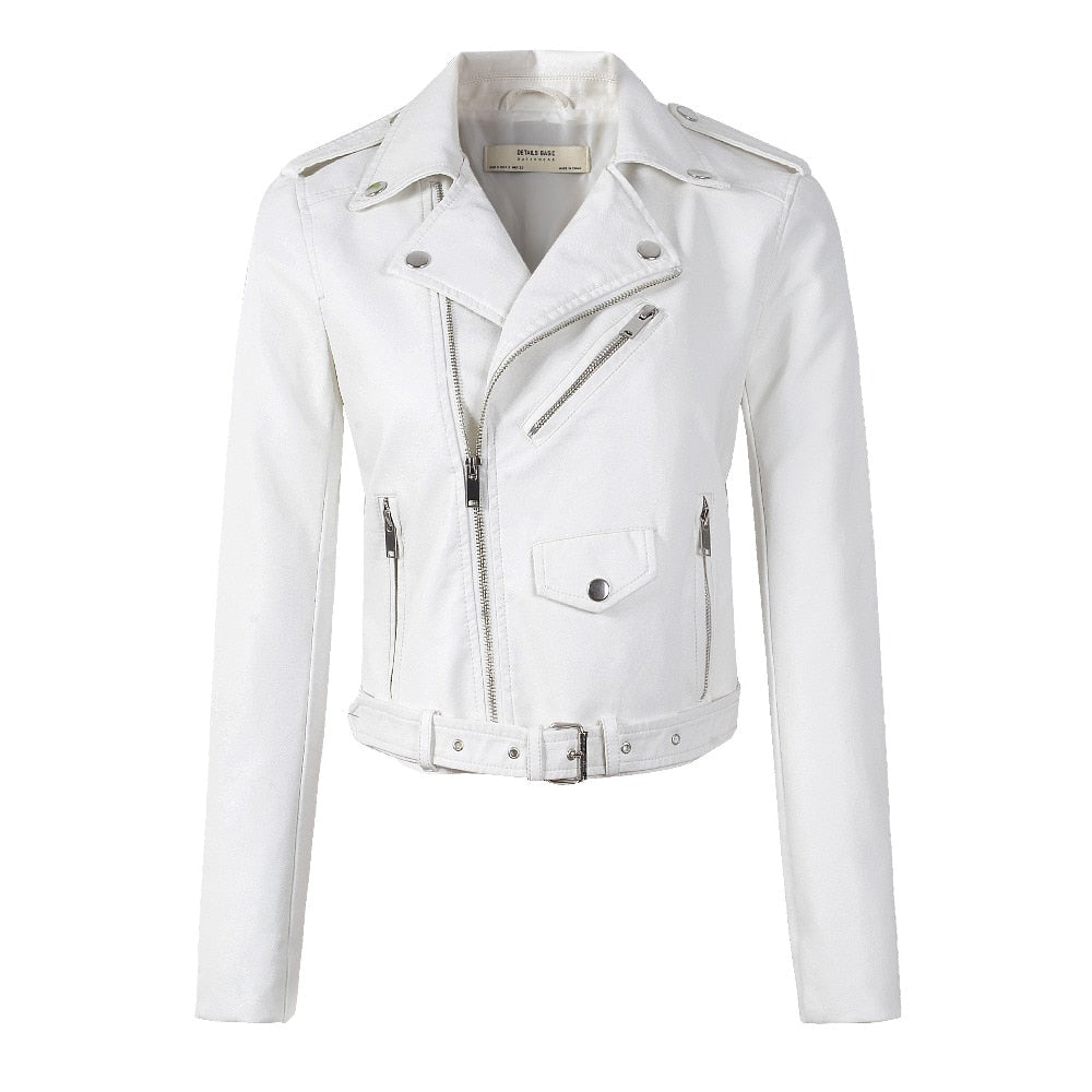 White women's faux leather motorcycle bomber jacket with belt and zipper accents.