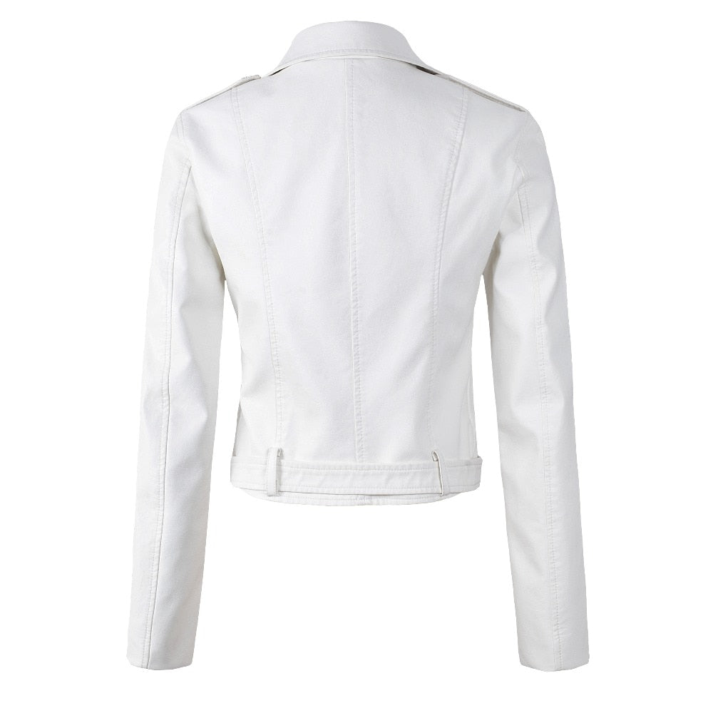 Back view of a stylish white women's PU leather motorcycle bomber jacket with a belt.