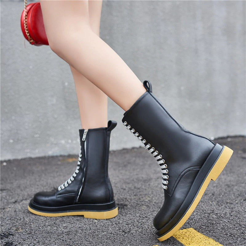 New Fashion Ankle Boots for Women / Lace-Up Platform Boots in British Style / Genuine Leather Shoes - HARD'N'HEAVY