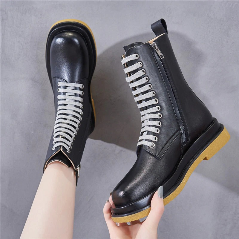 New Fashion Ankle Boots for Women / Lace-Up Platform Boots in British Style / Genuine Leather Shoes - HARD'N'HEAVY