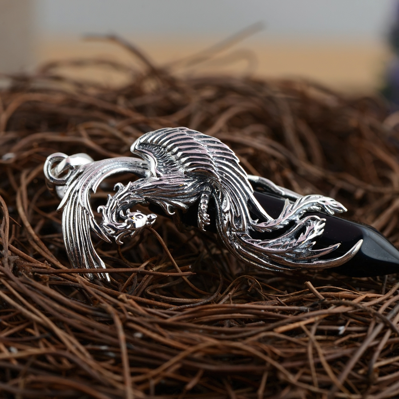 Black natural stone phoenix pendant in vintage unisex design, crafted from sterling silver, showcasing elegance for any style.