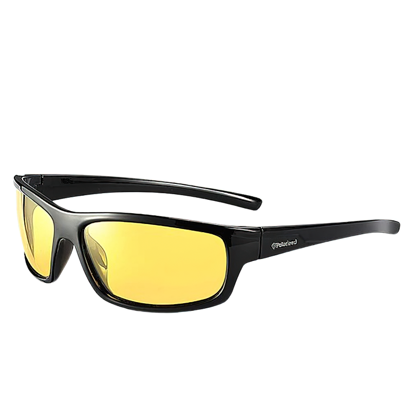 Stylish polarized sunglasses with yellow lenses and black frame, perfect for travel and casual outings.