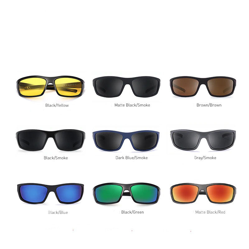 Various styles of polarized sunglasses in multiple colors including black, blue, and brown for stylish men's eyewear.