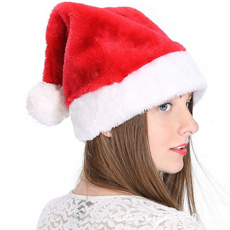 Cozy red plush Christmas hat with white trim, perfect for festive celebrations and New Year outfits.