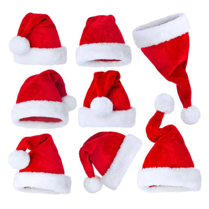 Assortment of thick plush red Santa hats with white trim, perfect for New Year and Christmas celebrations.