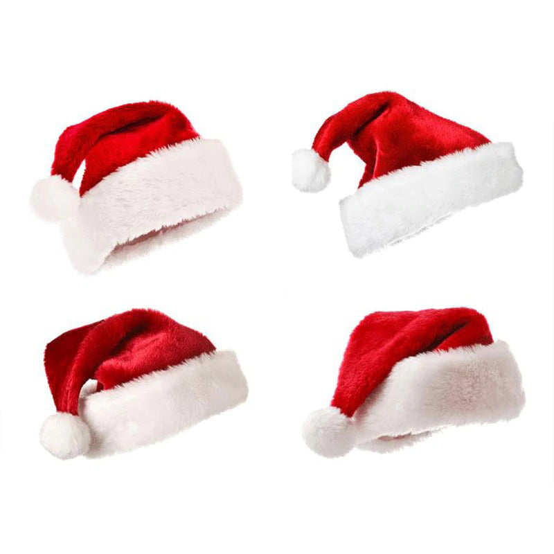 Four fluffy red Santa Claus hats with white trim, perfect for festive New Year celebrations and Christmas outfits.