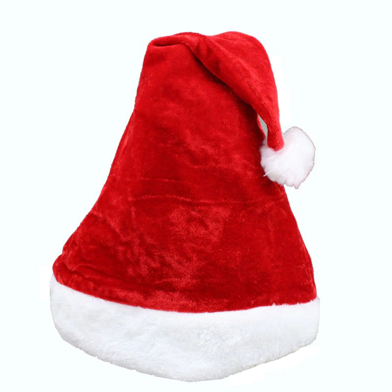 Thick plush red Santa Claus hat with fluffy white trim, perfect accessory for New Year's festive outfits.
