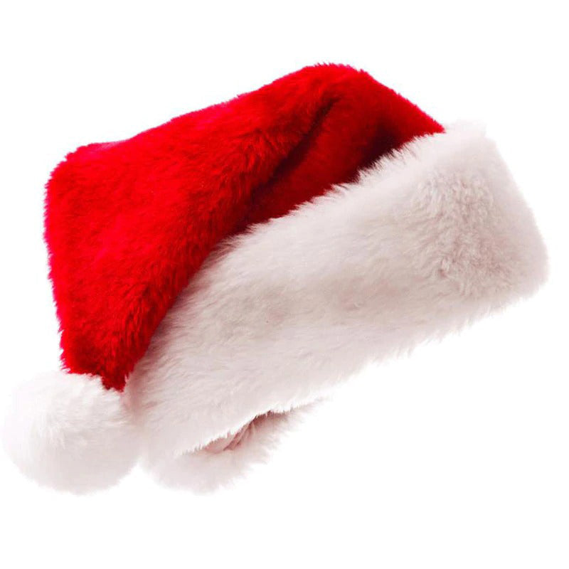 Cozy red and white plush Santa Claus hat for Christmas celebrations and New Year's festivities.