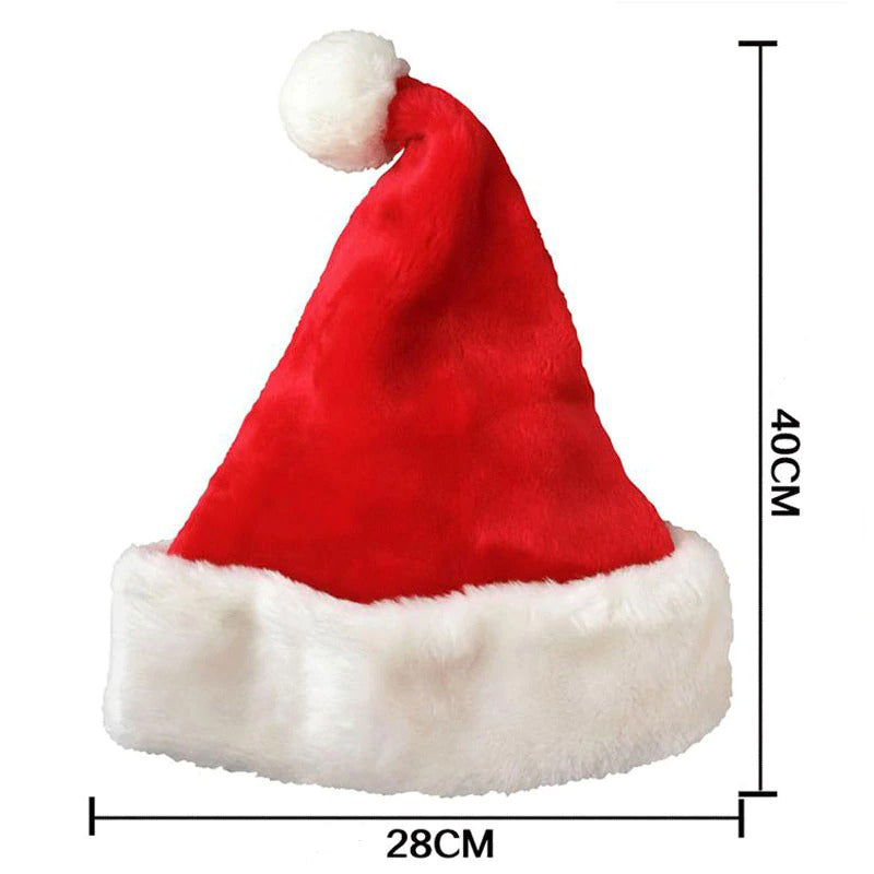 Fluffy red plush Christmas hat with white fur trim, perfect accessory for New Year's celebrations and Santa-themed costumes.