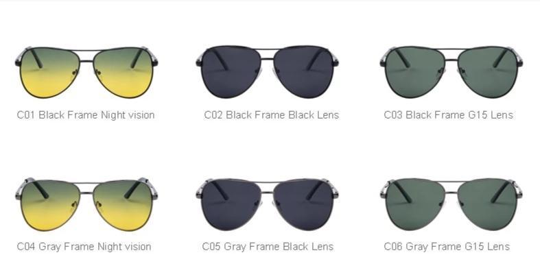 Stylish polarized sunglasses collection featuring night vision and various lens options in black and gray frames.