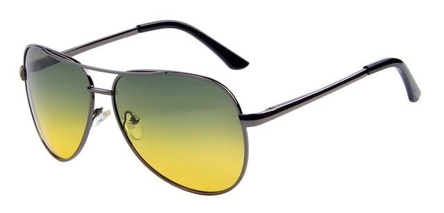 Stylish polarized sunglasses with gradient yellow to green lenses, offering 100% UV400 protection and night vision for drivers.