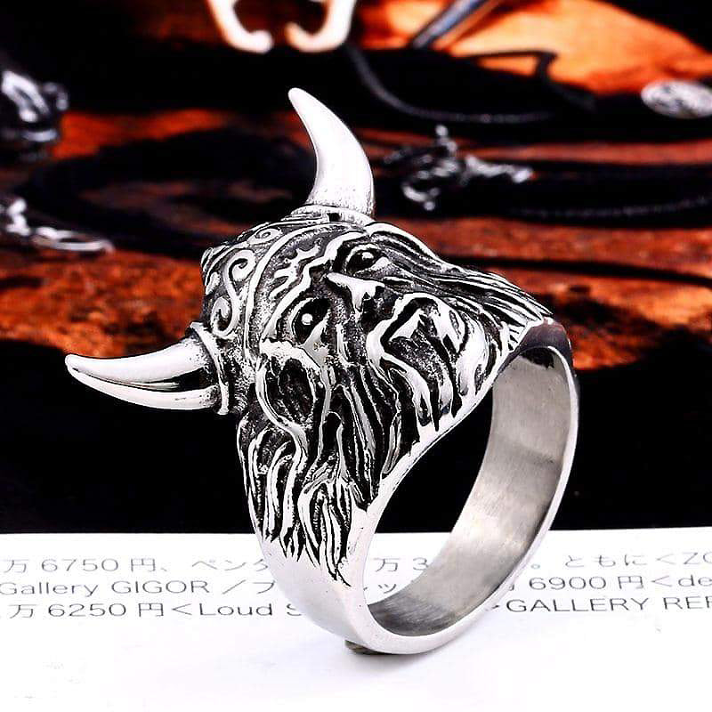 Nordic Viking ring with intricate bull design, perfect for rock style and biker outfits, crafted from stainless steel.