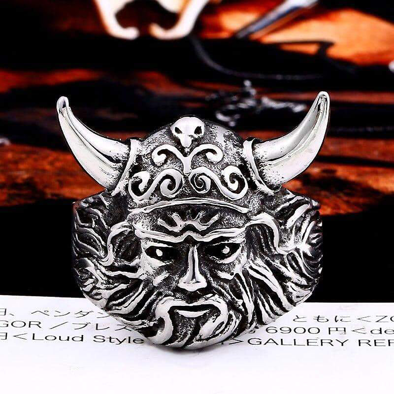 Nordic Head Viking Ring in stainless steel with intricate details and horns, perfect for rock and biker style outfits.