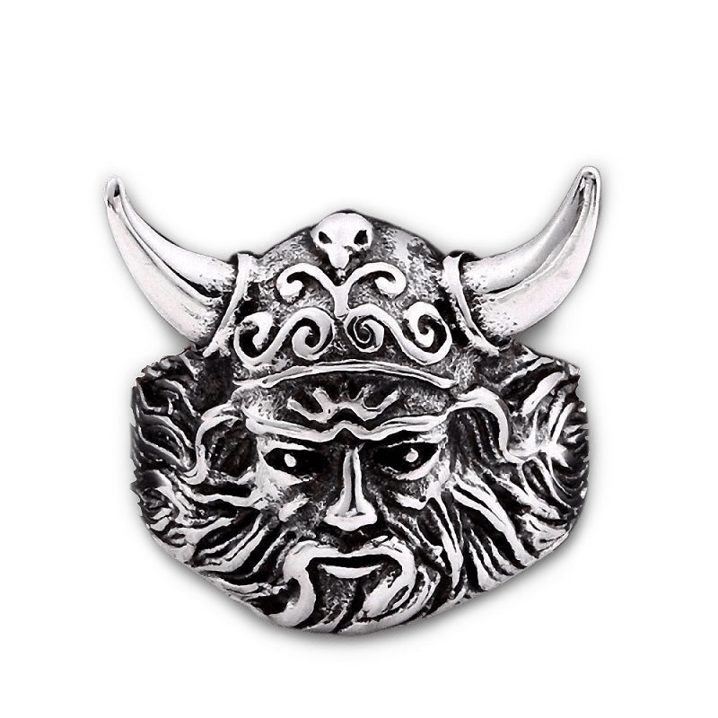 Nordic Viking ring design featuring a warrior face with horns, perfect for rock and biker style jewelry.