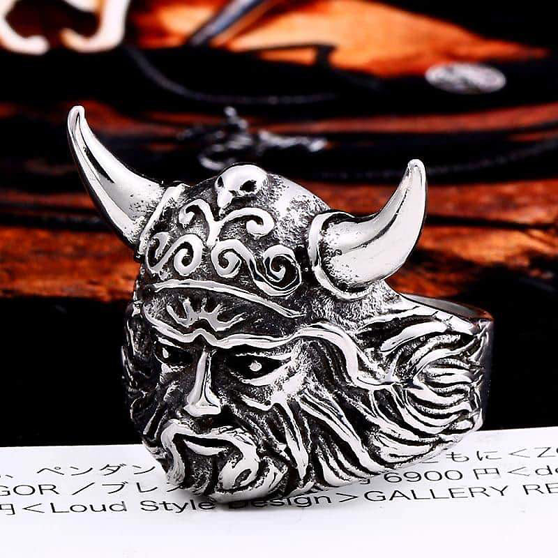 Nordic Head Viking Ring in stainless steel with detailed design, perfect for rock concerts and biker style outfits.