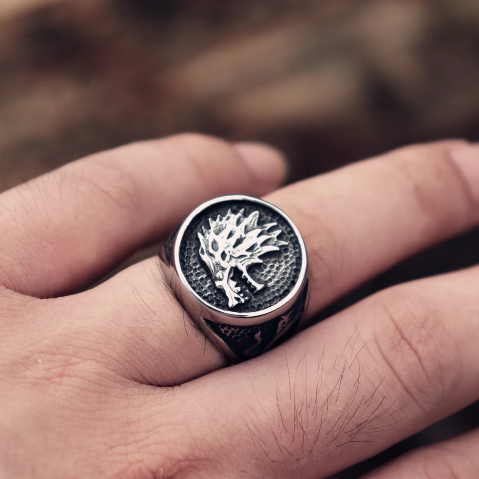 Nordic Wolf stainless steel ring on hand, featuring a unique animal print design for retro style jewelry.