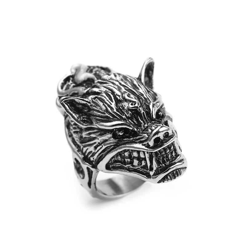 Nordic Wolf Viking Ring with detailed wolf head design, perfect for cosplay and rock style jewelry for any adventurer.