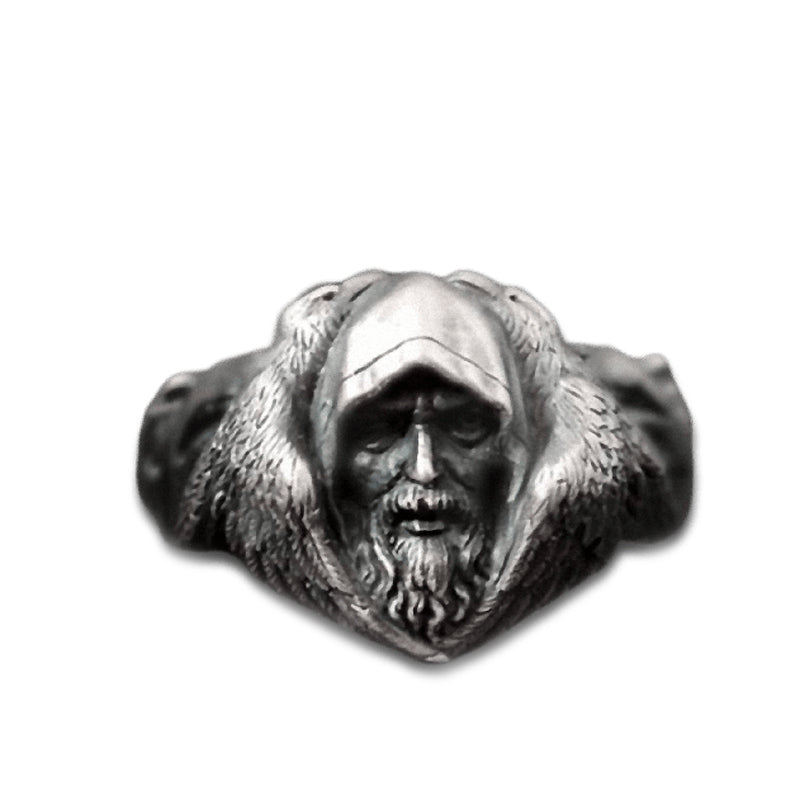 North Mythology Viking Wolf Ring featuring a detailed man's face surrounded by eagles in stainless steel.