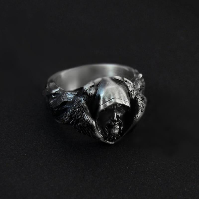 North Mythology Viking Wolf Ring featuring a man's face and eagles, crafted in stainless steel for unisex style.