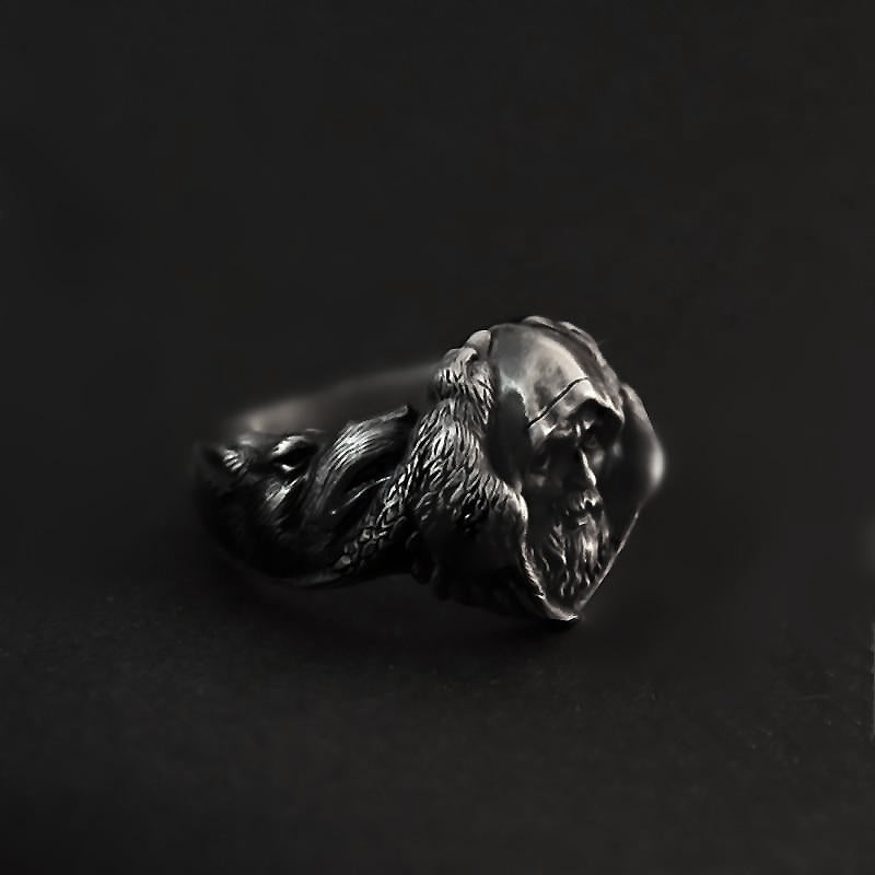 North Mythology Viking Wolf Ring in stainless steel, showcasing a detailed man's face and wolf design, perfect for themed events.