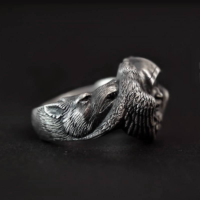 Viking wolf ring crafted from stainless steel, featuring intricate eagle and wolf designs for a bold Scandinavian style.