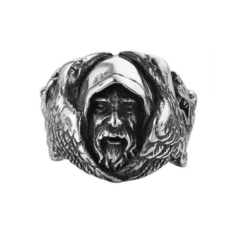 North Mythology Viking Wolf Ring featuring a man's face and eagle designs, perfect for themed parties. Unisex stainless steel jewelry.