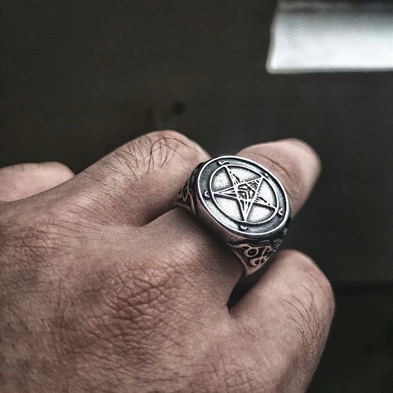 Occult Print Stainless Steel Ring / Gothic Satan Jewellery With Pentagram - HARD'N'HEAVY