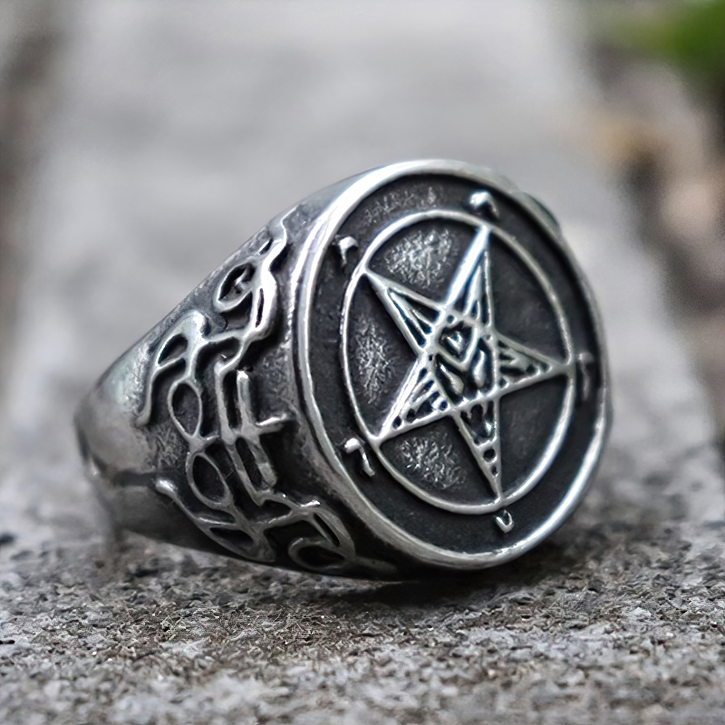 Occult Print Stainless Steel Ring / Gothic Satan Jewellery With Pentagram - HARD'N'HEAVY