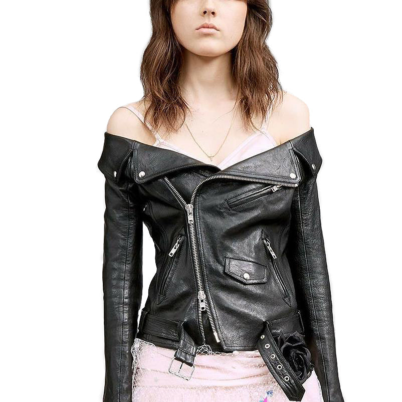 Off Shoulder Leather Jacket / Motorcycle Outerwear for Women in Rock Style - HARD'N'HEAVY