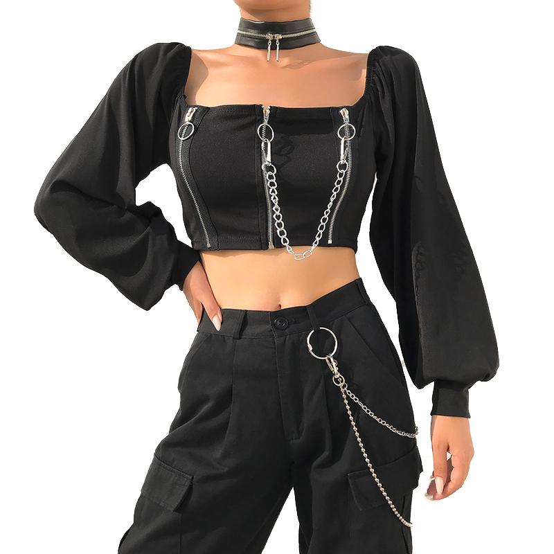 Off Shoulder Female Top in Rock Style / Long Sleeve Tops Clothing with Zipper - HARD'N'HEAVY