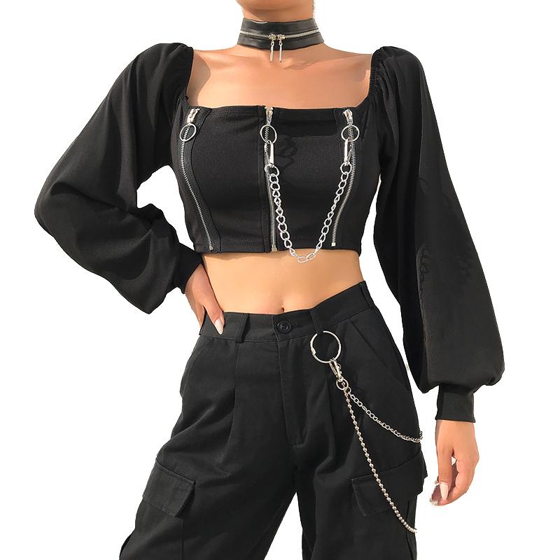 Women Off-Shoulder Rock Style Top with Long Sleeves and Zippers, Perfect for Alternative Fashion.