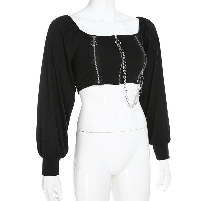 Off shoulder black rock style top with long sleeves and zipper details, perfect for alternative fashion.