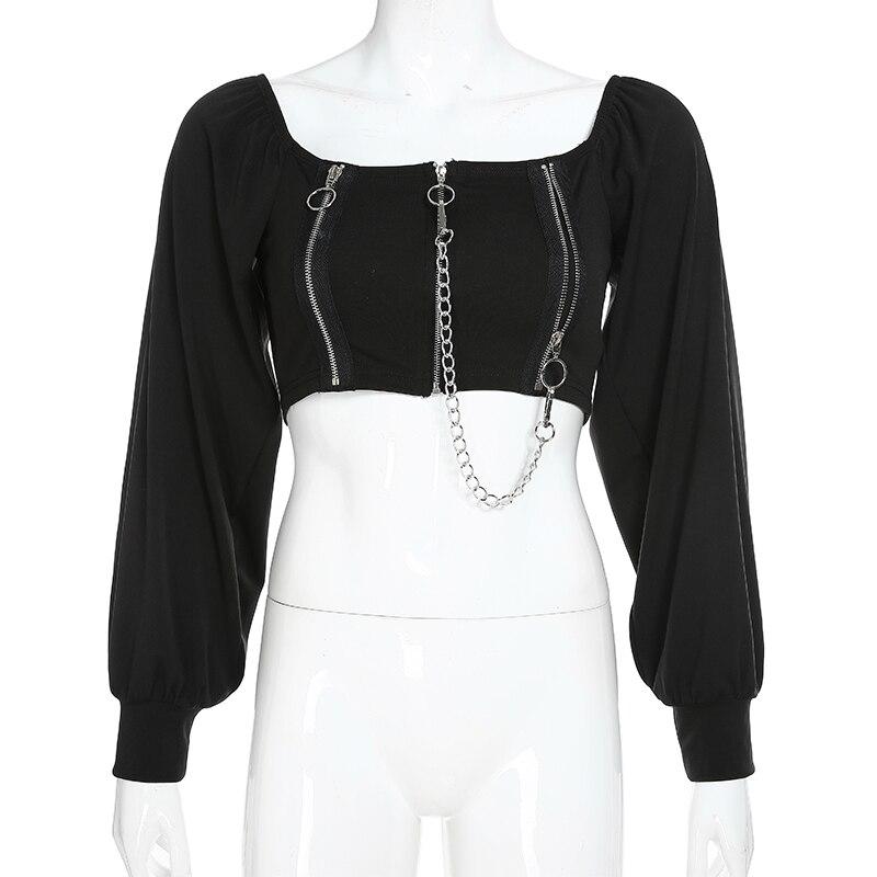 Stylish off-shoulder black long sleeve top with zippers and chain detail for alternative rock fashion.