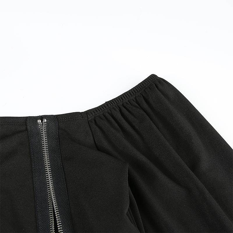 Off shoulder black women's top featuring zipper details, ideal for rock style fashion and comfort.