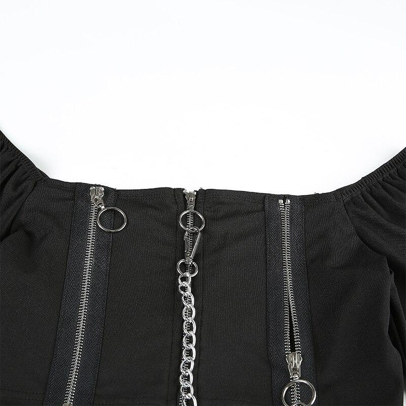Black off-shoulder female top featuring three zipper details, perfect for alternative rock style fashion.