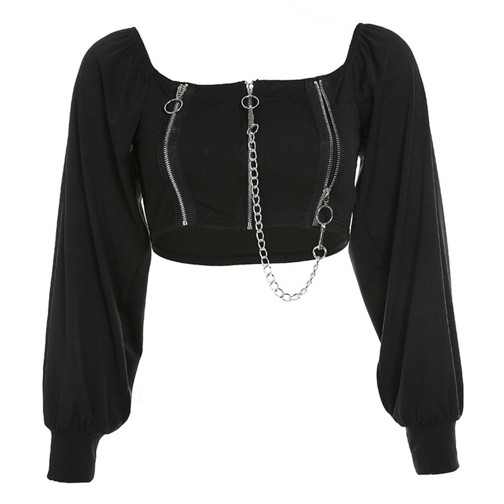 Off-shoulder black top with long sleeves and zipper details, featuring rock style and a trendy square collar.