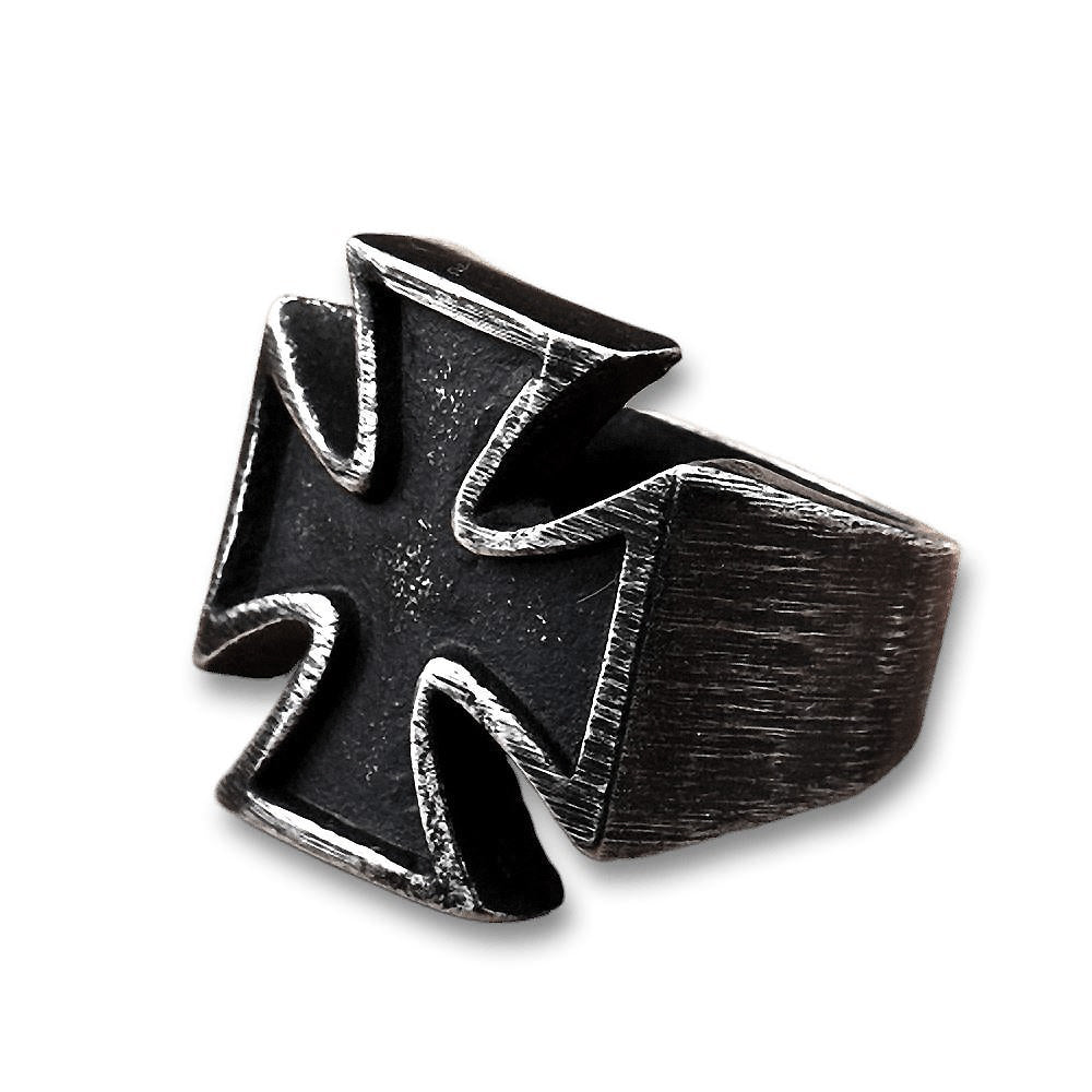 Old School Biker Iron Cross Ring in stainless steel for a stylish rock vibe, unisex accessory for unique outfits.