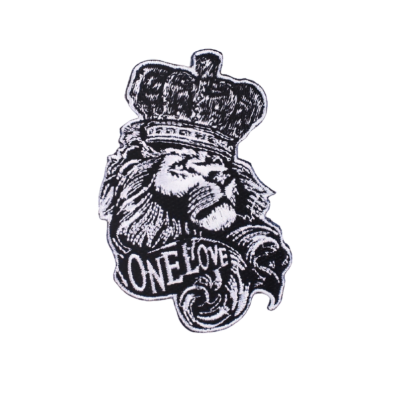 One Love lion patch with crown, a stylish unisex iron-on accessory for alternative fashion lovers.