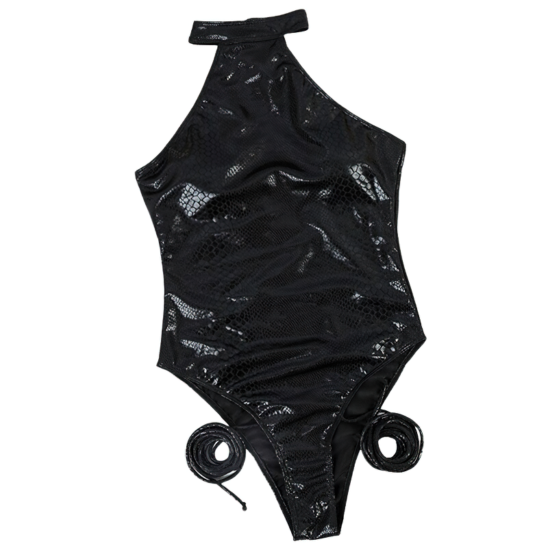 Trendy black one-piece swimsuit with snake print and lace-up details for women, perfect for summer beach outings.