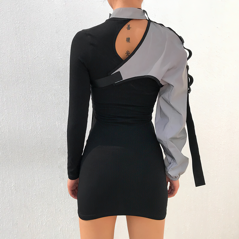 Back view of a trendy one shoulder reflective camis with a unique asymmetrical design for women.