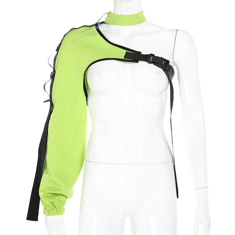 One Shoulder Reflective Neon Camisole for women, trendy asymmetrical design with tie collar, perfect for rave outfits.