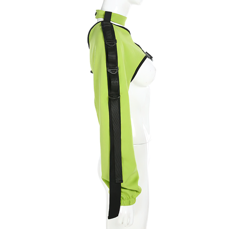 One shoulder reflective green camis for women with stylish black straps, perfect for rave outfits and trendy occasions.