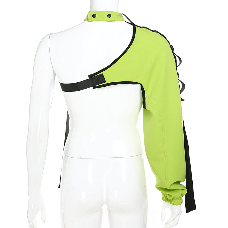 One shoulder reflective neon camis for women, stylish asymmetrical design with tie collar, perfect for rave outfits.