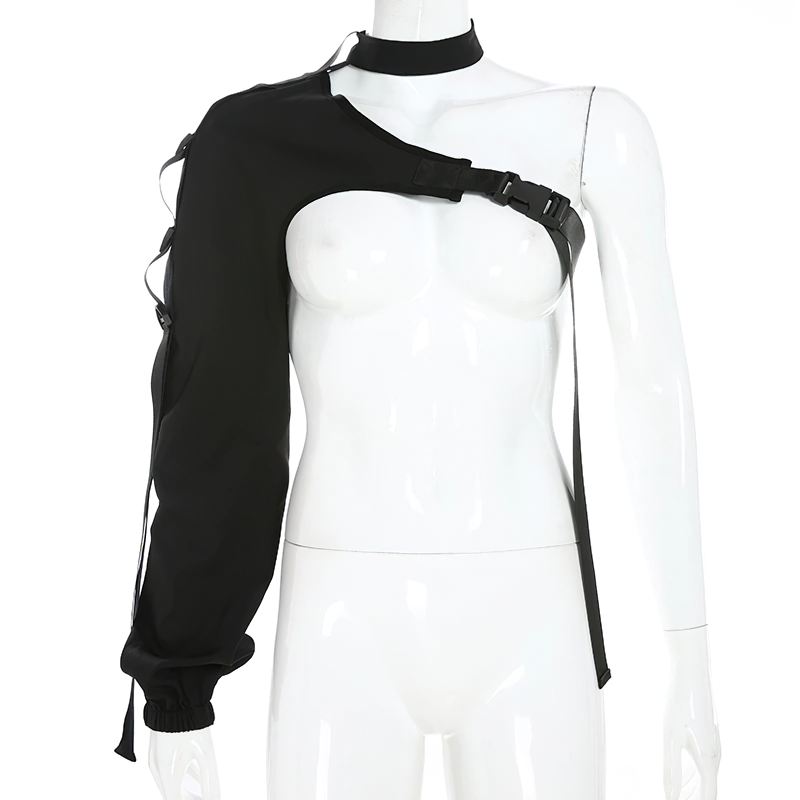 One shoulder reflective cami for women, asymmetrical black design with tie collar for trendy rave outfits.