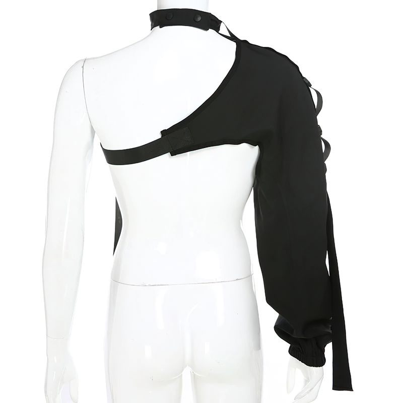 One shoulder black reflective cami for women, stylish asymmetrical design with tie collar, perfect for rave outfits.