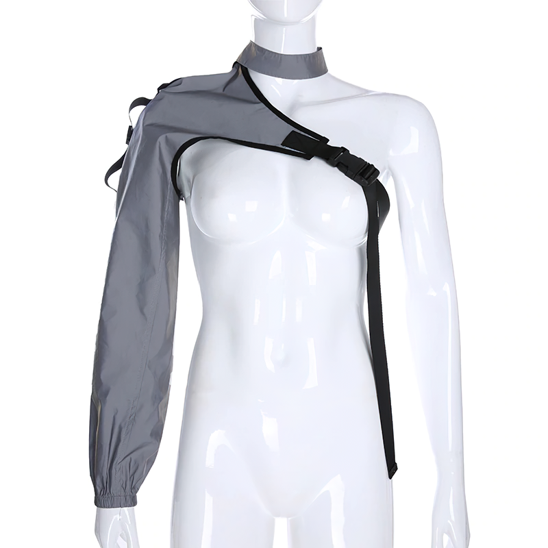 One shoulder reflective camis for women, trendy gray outerwear with asymmetrical design and smocked details.
