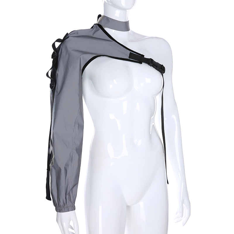 One shoulder reflective cami for women in gray, featuring a unique asymmetrical design and tie collar.